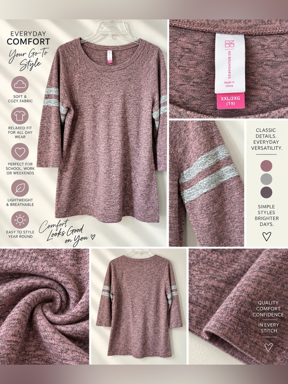 XXL/2XG Mauve Long Sleeve Top – No Boundaries
